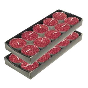 Gerimport Theelichtjes/waxinelichtjes kaarsjes - 20x st - rood glitters - 3,5 cm -