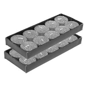 Gerimport Theelichtjes/waxinelichtjes kaarsjes - 20x st - zilver glitters - 3,5 cm -