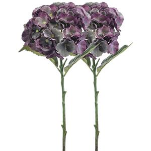 Emerald Kunstbloem hortensia tak - 2x - 50 cm - groen/paars - kunst zijdebloemen - decoratie - hydrangea -