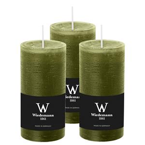 Wiedemann Cilinderkaars/stompkaars - 3x - rustieke kaars - olijfgroen - 6 x 12 cm - branduren -