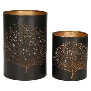 Merkloos Windlichten set Bamboe - 2x - zwart/goud - metaal - 10/15 cm - kaarsenhouder/theelichthouder -