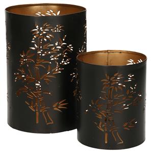 Merkloos Windlichten set Boom - 2x - zwart/goud - metaal - 10/15 cm - kaarsenhouder/theelichthouder -