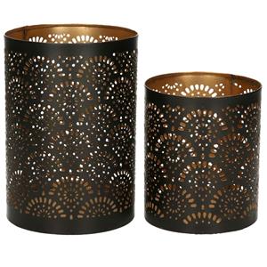 Merkloos Windlichten set met motief - 2x - zwart/goud - metaal - 10/15 cm - kaarsenhouder/theelichthouder -