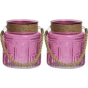 Lumineo 2x stuks windlichten/lantaarns relief - glas - D14 x H16 cm - fuchsia roze -