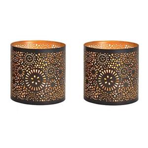 Merkloos 2x Theelichthouders/waxinelichthouders windlichten zwart/goud rondjes/cirkels patroon 13 cm -