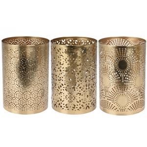 Merkloos Set van 3x metalen theelichthouders/windlichtjes goud D10 x H15 cm -