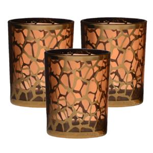 Merkloos Waxinelichthouder - 3x - giraffe print - glas - goud - 12 x 10 cm - theelichthouder -