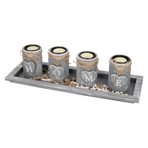 Merkloos Kaarsenhouders set - home deco - 4x kaarsen en onderbord - hout - grijs - theelichtjes houder -