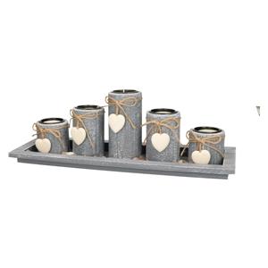 Merkloos Kaarsenhouders set - home deco - 5x kaarsen en onderbord - hout - grijs - theelichtjes houder -