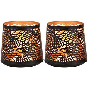Merkloos 2x Theelichthouders/waxinelichthouders windlichten zwart/goud abstract vleugel patroon 13 cm -
