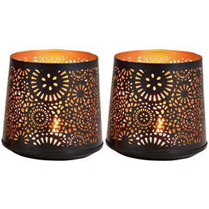 Merkloos 2x Theelichthouders/waxinelichthouders windlichten zwart/goud rondjes/cirkels patroon 13 cm -