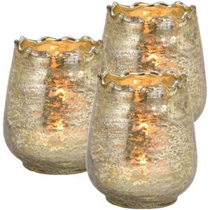 Merkloos Windlicht/kaarsenhouder - Set van 3x stuks - champagne goud - 8 x 9 x 8 cm - glas - waxinelichtjes -