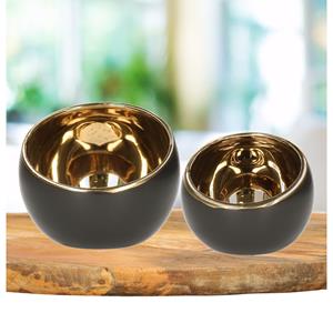 Countryfield Theelichthouders/kaarsenhouders - set van 2x - zwart/goud - keramiek -