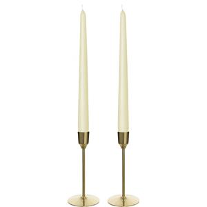 Decoris Kandelaars 2x aluminium goud 15 cm met 12x ivoor witte dinerkaarsen -
