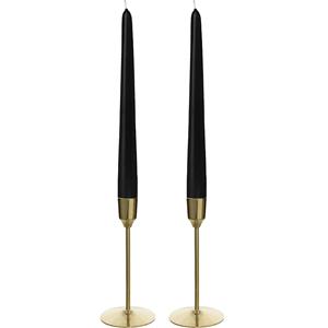 Decoris Kandelaars 2x aluminium goud 15 cm met 12x zwarte dinerkaarsen -