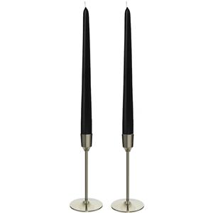 Decoris Kandelaars 2x aluminium zilver 15 cm met 12x zwarte dinerkaarsen -