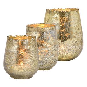 Merkloos Set van 3x windlicht/kaarsenhouder - glas - champagne goud - 3 formaten -