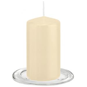 Trend Candles  Stompkaarsen met glazen onderzetters set van 2x stuks - creme wit 6 x 12 cm -