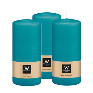 Wiedemann Cilinderkaars/stompkaars - 3x - turquoise blauw - 15 x 7 cm - 63 branduren -