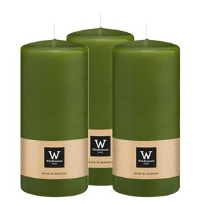 Wiedemann Cilinderkaars/stompkaars - 3x - olijfgroen - 15 x 7 cm - 63 branduren -