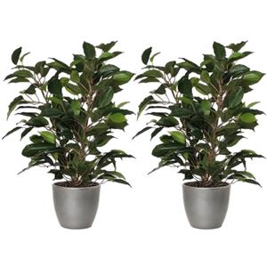 Mica Decorations 2x stuks groene ficus kunstplant cm met plantenpot zilver metallic D13.5 en H12.5 cm -