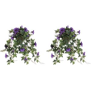 Mica Decorations 2x stuks groene Petunia paarse bloemen kunstplanten 50 cm -