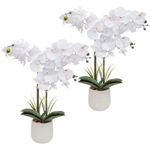 Atmosphera Orchidee bloemen kunstplant in sierlijke witte bloempot - 2x - witte bloemen - H60 cm -