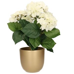 Bellatio flowers & plants Hortensia kunstplant met bloemen wit - in pot goud - cm hoog -
