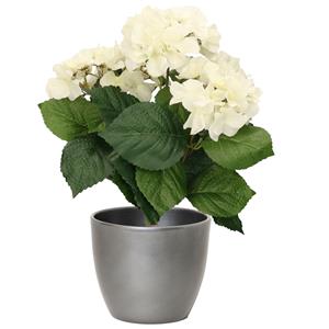 Bellatio flowers & plants Hortensia kunstplant met bloemen wit - in pot zilver metallic - cm hoog -