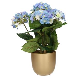 Bellatio flowers & plants Hortensia kunstplant met bloemen blauw - in pot goud - cm hoog -