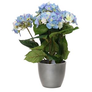 Bellatio flowers & plants Hortensia kunstplant met bloemen blauw - in pot metallic zilver - cm hoog -