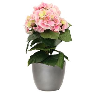 Bellatio flowers & plants Hortensia kunstplant met bloemen lichtroze - in pot metallic zilver - cm hoog -