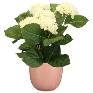 Merkloos Hortensia kunstplant/kunstbloemen cm - wit - in pot lichtroze glans -