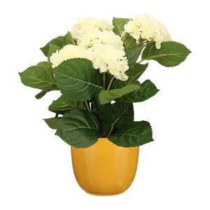 Merkloos Hortensia kunstplant/kunstbloemen cm - wit - in pot okergeel glans -