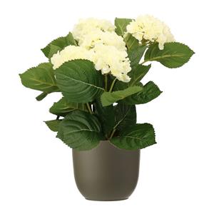 Merkloos Hortensia kunstplant/kunstbloemen cm - wit - in pot olijfgroen mat -
