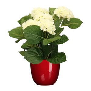 Merkloos Hortensia kunstplant/kunstbloemen cm - wit - in pot rood glans -