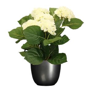 Merkloos Hortensia kunstplant/kunstbloemen cm - wit - in pot titanium grijs glans -