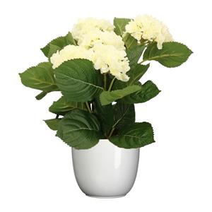 Merkloos Hortensia kunstplant/kunstbloemen cm - wit - in pot wit glans -