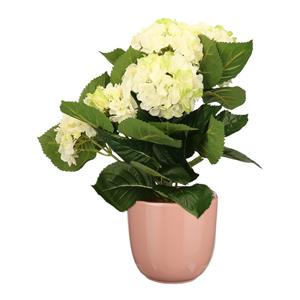 Merkloos Hortensia kunstplant/kunstbloemen cm - wit/groen - in pot lichtroze glans -