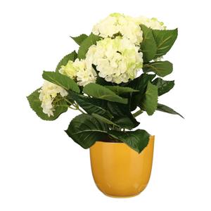 Merkloos Hortensia kunstplant/kunstbloemen cm - wit/groen - in pot okergeel glans -