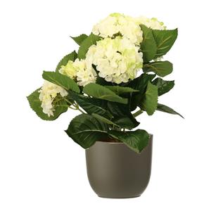 Merkloos Hortensia kunstplant/kunstbloemen cm - wit/groen - in pot olijfgroen mat -