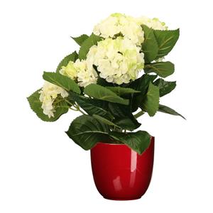 Merkloos Hortensia kunstplant/kunstbloemen cm - wit/groen - in pot rood glans -
