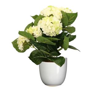 Merkloos Hortensia kunstplant/kunstbloemen cm - wit/groen - in pot wit glans -