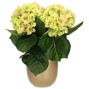 Merkloos Hortensia kunstplant/kunstbloemen cm - groen/roze - in pot goud glans -