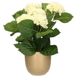 Merkloos Hortensia kunstplant/kunstbloemen cm - wit - in pot goud glans -