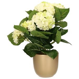 Merkloos Hortensia kunstplant/kunstbloemen cm - wit/groen - in pot goud glans -