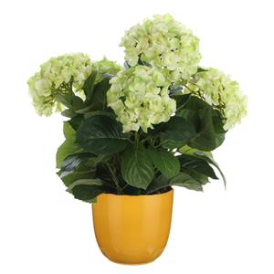 Mica Decorations Hortensia kunstplant/kunstbloemen 45 cm - groen - in pot okergeel glans -