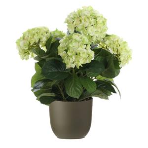 Mica Decorations Hortensia kunstplant/kunstbloemen 45 cm - groen - in pot olijfgroen mat -