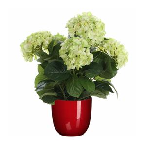 Mica Decorations Hortensia kunstplant/kunstbloemen 45 cm - groen - in pot rood glans -