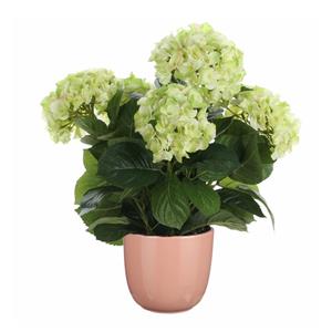 Mica Decorations Hortensia kunstplant/kunstbloemen 45 cm - groen - in pot roze glans -